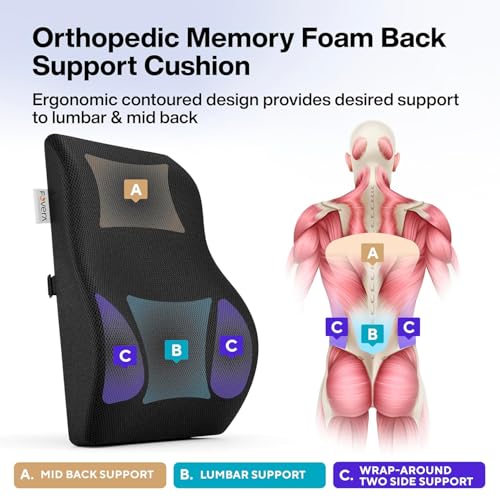 Image of Lumber Support Pillow for Office Chair & Car | Memory Foam Back Cushion for Lower Back Pain Relief | Eargonomic Support with Adjustable Strap & Washable Black Cover | Pack of 1