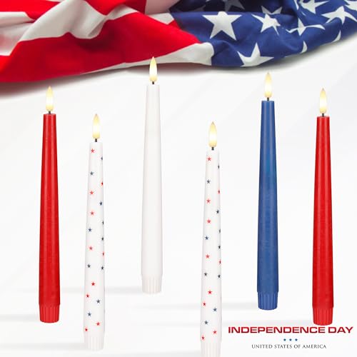 Image of Red White and Blue Star Candles, Flameless Taper Candles with 3D Wick, Real Wax 4th of July Flameless Candles with Remote, 9.6 inch Battery Operated Patriotic Led Candlesticks, 3 Pack