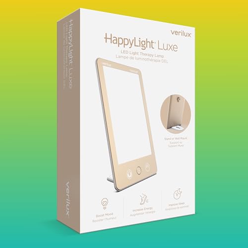 Image of Verilux HappyLight Luxe - Light Therapy Lamp with 10,000 Lux, UV-Free, LED Bright White Light with Adjustable Brightness, Color, Countdown Timer, & Stand - Boost Mood, Sleep, Focus (Champagne Gold)