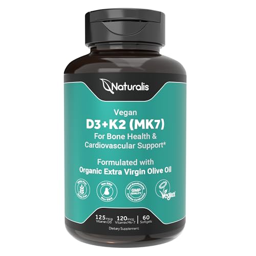 Naturalis Vegan Vitamin D3+K2 from Algae | 5000 IU D3 with 120mcg MK7 | Vegan Society Certified Sustainably Sourced Better Than Animal Derived | Better Support for Bone & Immune Health* | 60 Softgels