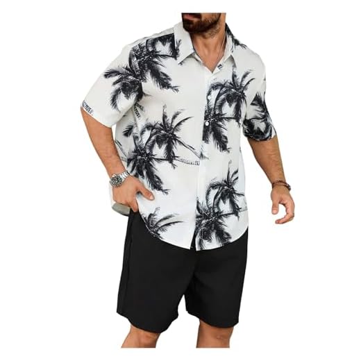 BEAUDRM Men's Plus Size 2 Pieces Outfit Tropical Print Button Down Shirt and Drawstring Waist Shorts Sets Black 5X-Large Plus