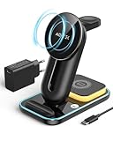 📱【Breite Kompatibilität】Diese kabellose Ladestation kompatibel für iPhone 15/14/13/12/11/8/X/SE Serie, für Qi Android mit kabelloser Ladefunktion (wie Samsung/Googel Pixel/Huaiwei), Bluetooth Kopfhörer für Galaxy Buds und AirPods 2/3/Pro, für iWatch 4/5/6/7/8/SE. Mit rutschfester Silikonrille (Wenn Ihr Telefon keine magnetische Ansaugung unterstützt, können Sie das Telefon platzieren, indem Sie das Magnet Lademodul und die Silikonnut an der Unterseite verschieben, dann aufladen kann! )