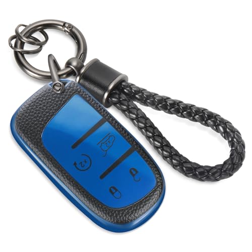 Image of Key Fob Cover for Jeep Renegade, Braided Loop Keychain Case, Blue | Wear-resistant TPU shell, short PU braided loop, daily splash, scratch and drop protection, normal signal use, easy setup