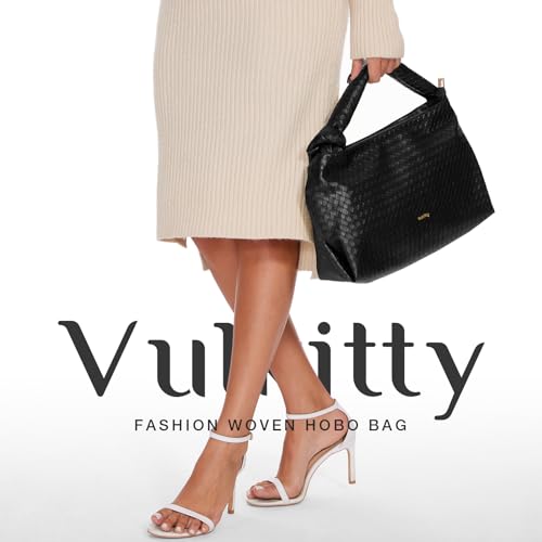 Image of Vulkitty Hobo Bags For Women, Woven Leather Shoulder Purse Fashion Designer Ladies Top-Handle Handbag Black