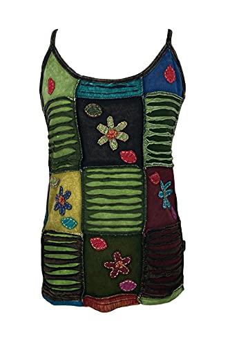Agan Traders 2026 Winter Women's Knit Stretchy Rib Cotton Boho Gypsy Peace Om Patchwork Spaghetti Strap Top (134 RB, XXL, Gr)