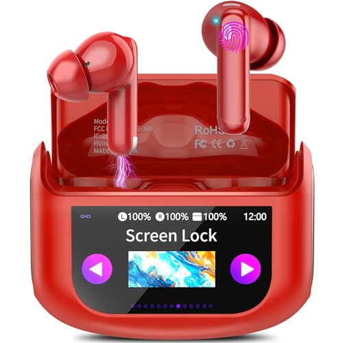 Auriculares Inalámbricos Bluetooth ANC Reducción de Ruido, 48H Auriculares Bluetooth 5.4 Con HD Micrófono, Sonido Premium, 5 Modos EQ Cascos Pantalla Táctil, IP7 Impermeable Cascos Inalámbricos, Rojo