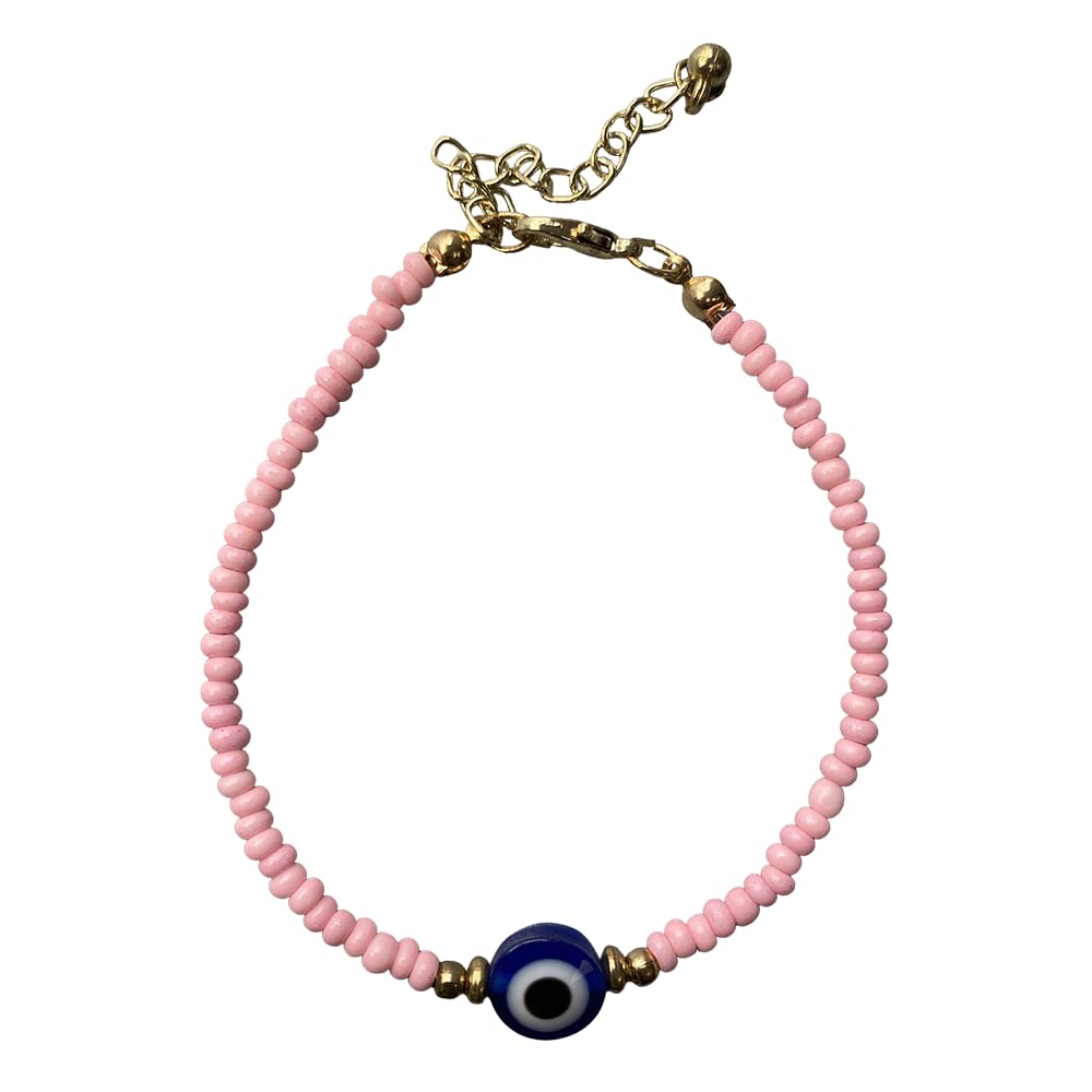 VIE Evil Eye Bracelet with 2 Gold Beads Each Side (Pink)