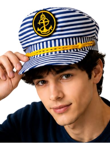 Image of BookMyCostume Unisex Blue and White Striped Sailor Captain Cap - Yacht Cap with Embroidered Anchor Badge and Gold Detail - Classic Marine Costume Accessory for Boat Parties & Summer Cruises | Adults