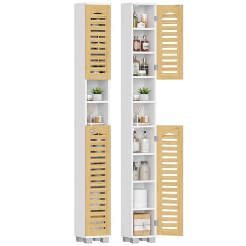 Huaneri Meuble Colonne Salle de Bain, Armoire de Rangement Étroite avec 2 portes en bambou, 2 Compartiments Ouverts, Étagères Réglables, Petits Espaces, 20...