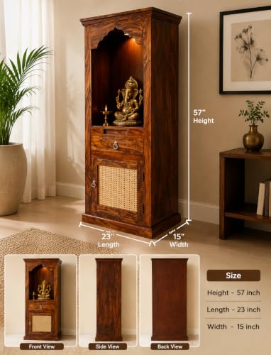 Image of Solid Wood Premium Sheesham Wood Temple Cane Big Size 5 Feet with Door Storage Cabinet | Wooden Mandir for Pooja Room Home | Honey Finish | Mandir for Home Wooden Temple (Cane)