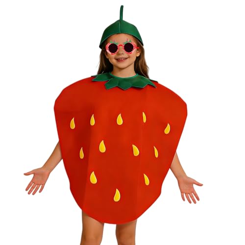 MUNSKT Costume de Fraise Enfant - Tenue de Fête avec Robe, Chapeau de Fraise & Verres de Fraise, Costume de Fruit Amusant pour Halloween Carnaval Cosplay