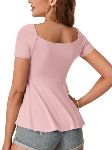 Image of Rooscier Women's Ribbed Knit Sweetheart Neck Tops Cute Drawstring Ruffle Short Sleeve T Shirts
