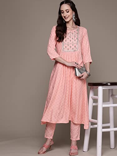 Image of anubhutee Women's Rayon Peach Gota Patti work Floral Embroidered A-Line Kurta Suit Set with Pants