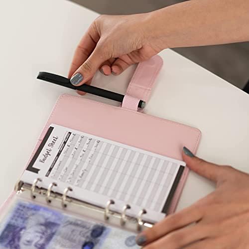 30Pcs A6 Budget Binder Set, ST Gizmos PU Leather Money Saving Wallet with 12 Cash Envelopes and Budget Sheets, Money Organiser Ring Binder with Category Stickers and Gel Pen for Travel Diary, Pink
