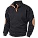 Mens Quarter Button Neck Tops Elbow Patches Long Sleeve Stand Collar 1/4 Button Up Pullover Color Block Tops A-Black