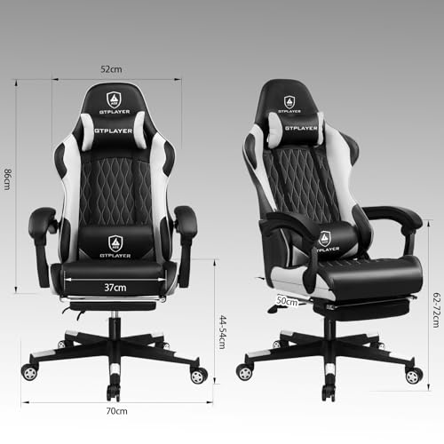 LUCKRACER Silla Gaming | Silla de Juegos para PC con Soporte Lumbar Ajustable, Reposapiés y Cojín para Cabeza - Blanco - imagen 3