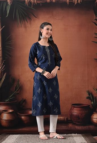 Image of Ichaa Women's Pure Cotton Embroidered Round-Neck Ethnic Kurta with 3 /4th Sleeve for Daily and Office Wear, in Plus Sizes