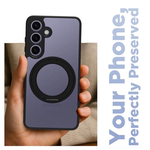 Image of RIGGEAR Shockproof Sleek Hybrid Armor 360 Rotating Magnetic Ring Stand Back Cover Case Compatible with MagSafe Accessories for Samsung Galaxy S24 (Clear PC + Black TPU Bumper)