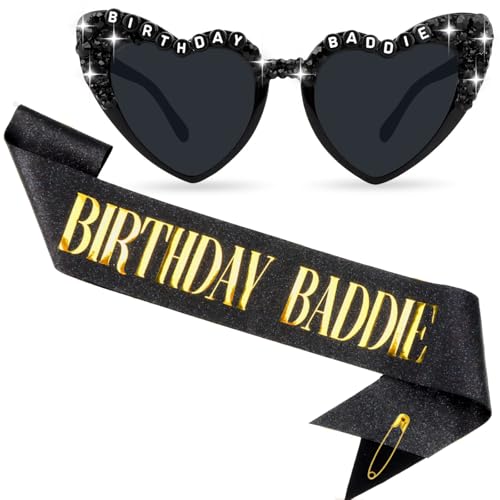 TIHEBAX BIRTHDAY BADDIE Sash and Glasses Kit - Birthday Sash for Women Men Girls Black Glitter Birthday Sash with Gold Foil Decorations Party Favors Supplies Birthday Outfits for Women