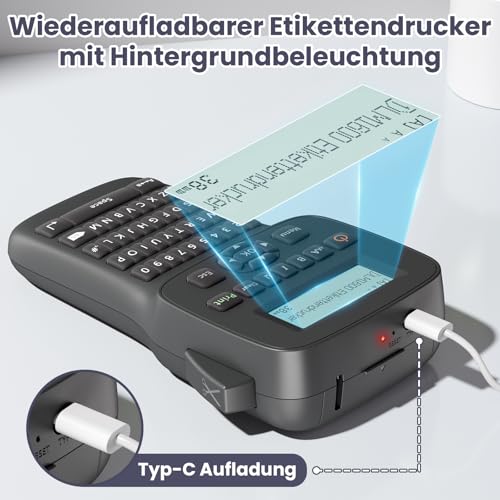 EazeID Bluetooth Etikettendrucker Handgerät – Tragbares Industrielles Beschriftungsgerät mit QWERTZ-Tastatur & 203 DPI Präzision, Industrietauglich für Büro, Haushalt und Werkstatt, LM1600