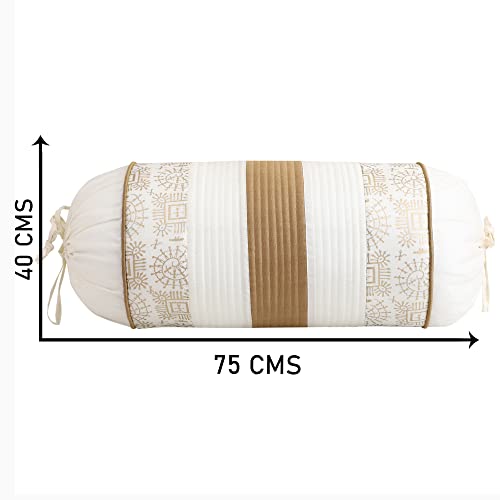 Image of Gifts Island Set of 2 Polyester Silk Traditional Hand-Block Printed & Striped Bolster Covers (Cream)