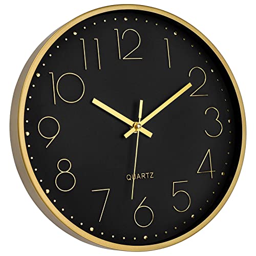 Image of Foxtop 12 inch Black Gold Wall Clock Silent Battery Operated Modern Metal Clock | Non-Ticking, Round, Analog Clock, Quartz, Easy to Read, Living Room, Bedroom, Kitchen, Office