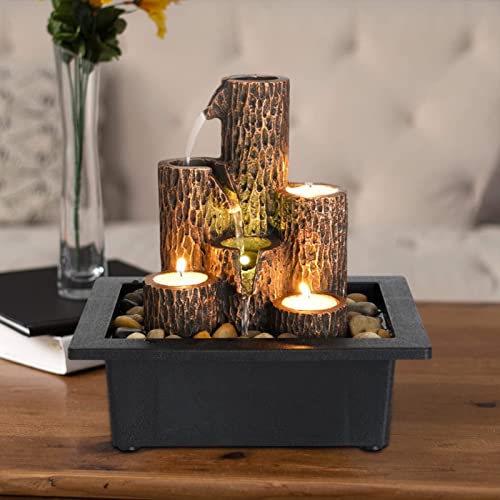 MNJR Inomhusfontän med LED-belysning, skrivbordsfontän, vattenfall, inomhusfontän, liten, harts, hantverk, inomhusfontän för vardagsrum, hem, kontor, tehus, dekoration