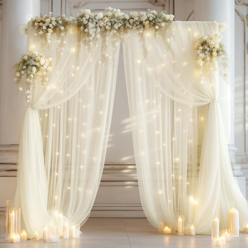 20ft x 10ft Ivory Backdrop Curtain with Lights String for Parties, Sheer Tulle Wedding Photo Backdrops Drapes for Baby Shower Birthday Party Decorations Background for Photography