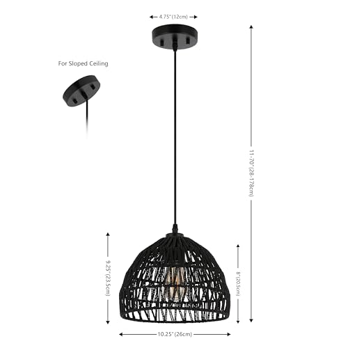 Image of JONATHAN Y 10.25 inch Black Modern Bohemian Woven Rope LED Pendant Light Fixture, Adjustable Dome Ceiling Lamp for Kitchen Island, Rope Shade, Coastal Farmhouse Decor (JYL6513B)