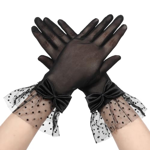 Lace Gloves Women Tea Party, Black Lace Gloves Women Vintage Short Mesh Bow Glove Courtesy Evening Elegant Accessories Glove for Opera Wedding Dinner 1920s Party