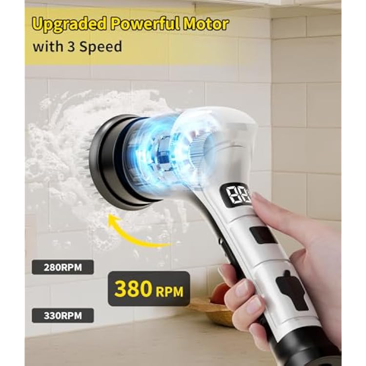 Electric Spin Scrubber, Cordless Household Cleaning Brush with 6 Replaceable Heads, 3 Speeds, LED Display, Lightweight Handheld Power Scrubber for Cleaning Stove/Bowl/Sink/Corner/Tile/Grout-Black