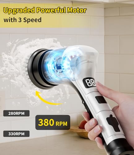 Image of Electric Spin Scrubber, Cordless Household Cleaning Brush with 6 Replaceable Heads, 3 Speeds, LED Display, Lightweight Handheld Power Scrubber for Cleaning Stove /Bowl /Sink /Corner /Tile /Grout-Black