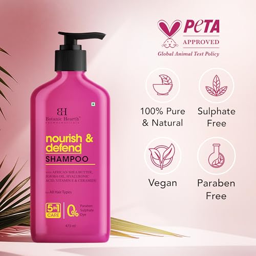 Image of Botanic Hearth Nourish & Defend Shampoo with Hyaluronic Acid & Jojoba Oil | Deeply Moisturizing & Damage Protection | Strengthens & Softens Hair | Sulfate & Paraben Free, 473ml