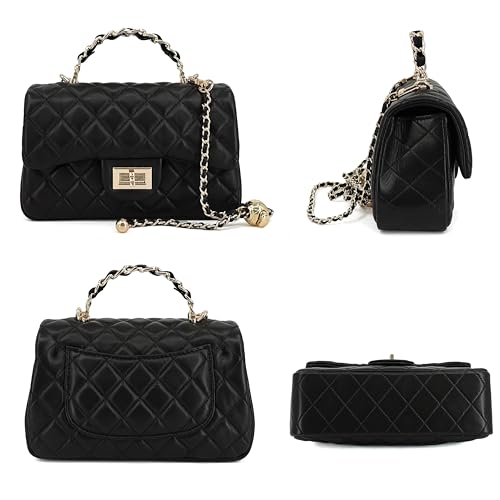 Image of M-ioi-M Small Quilted Crossbody Bags for Women,Leather Shoulder Bag with Gold Chain Strap,Metal Top Handle Flap Evening Purse