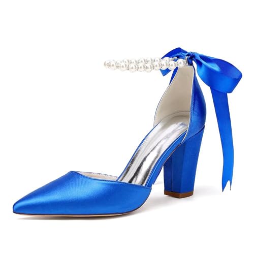 Women's Chunky Block Heel Wedding Shoes for Bride Satin Pearls Ankle Strap Evening Dressy Pumps3
