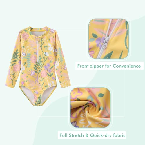 Image of Moon Tree Girls One Piece Swimsuits Long Sleeve Rash Guard Zipper Front Bathing Suit UPF 50+