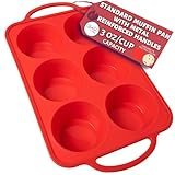 Sturdy Metal Handle Non-Stick 6 Cup Large Premium Silicone Muffin Pan & Cupcake Maker - Top Standard Size (Half of Texas Jumbo) Patented Reinforced Silicon Molds - Bake Boss BPA Free Baking Tins Tray