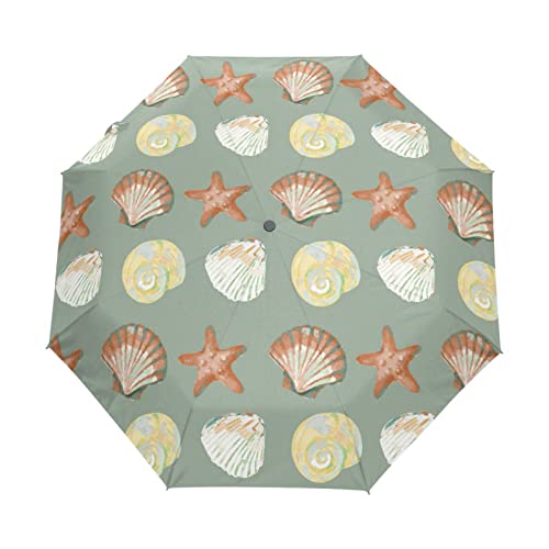 Acpiggto Folding Umbrella Green Beige Starfish Conch Seashells Ocean Sea Mediterranean Travel Sun Rain Compact Umbrella Parasol Outdoor Auto For Kids Girl Boy Women Men #TOP15