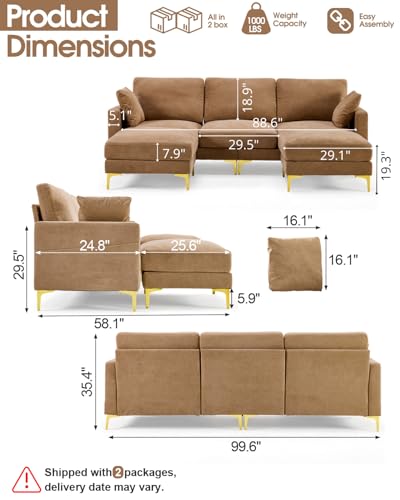 Image of Karl home 99.6 inch 3-Seat U-Shaped Sectional Sofa, Khaki | Chenille Upholstered, 2 Movable Ottomans, Cloud-Like Seat, 2 Throw Pillows, Comfy Deep Seat, Living Room, Apartment, Office