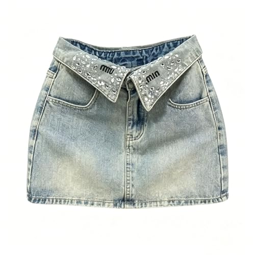 Womens Rhinestone Denim Short Skirt High Waisted Foldover Waist