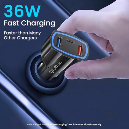Image of pTron Bullet Pro 36W Type-C /PD 3 Port Fast Car Charger Adapter, Compatible with All Smartphones, Tablets & Other USB Powered Devices (Pearl Black)