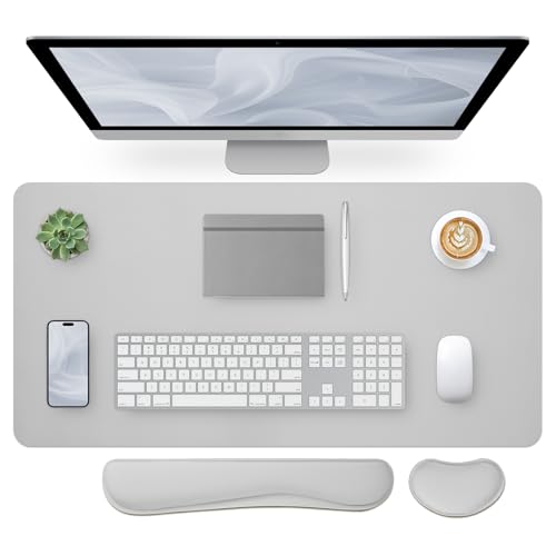 Image of Bloss Leather Desk Pad and Keyboard Wrist Rest, Large Mouse Pad + Keyboard Pad+Mouse Wrist Support, Non-Slip Desk Mat Protector for Office, Home(31.5x15.7 Inches, Light Grey)