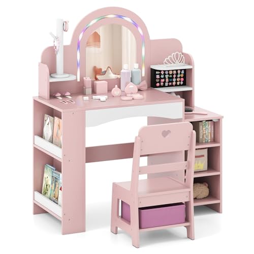 FANTASK Juego de tocador 2 en 1 para niños, Escritorio de Madera con Espejo de Colores y estantería, tocador de Princesa con estantes, Soporte para Joyas y Caja de Tela, Mesa de cosméticos para niñas