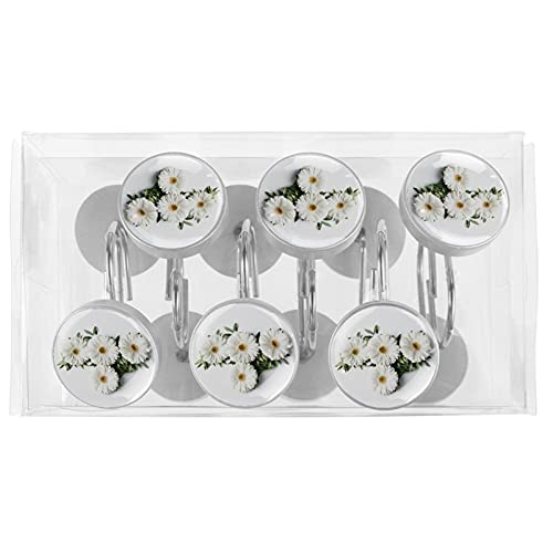 Crochets de rideau de douche marguerites blanches en acier inoxydable - Lot de 12 pièces pour bain