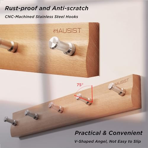 Hausist A00229 16.9Inch Wall Coat Rack With 5 Cnc Stainless Hooks - Solid Beech Wood Hangers thumb #2