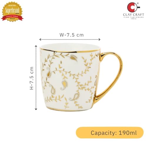 Image of Clay Craft Premium Ceramic Gold Floral Coffee & Tea Mug Set of 6 | Elegant Mugs with Gold Handle for Home, Office & Gifting | Glossy Finish Ceramic Cups | White & Gold