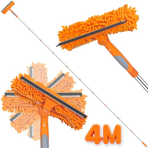 Window Cleaning Equipment, 400cm Extendable Window Cleaning Pole with Silicone Squeegee & 3 Microfiber Mops, 2in1 Window Cleaning Kit for High Window, Long Reach Telescopic Window Cleaner Tool