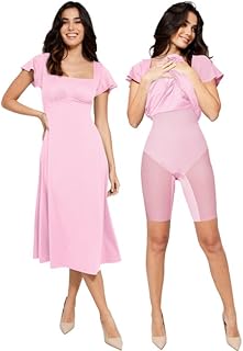 A Line Dresses for Women Shapewear Built-in Bra Short Sleeve Square Neck Flowy Wedding Guest Midi Dress