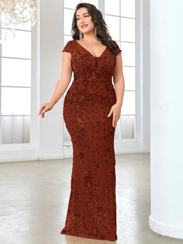 Image of Plus Size Womens Sequined Long Evening Gown Glamous Sleeveless V-Neck Mermaid Prom Dress for Wedding Party