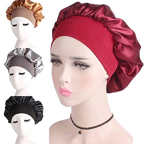 IETONE Set of 6 Women Wide Band Satin silk Bonnet Cap Comfortable Night Sleep Cap Ladies Soft Silk Long Hair Care Bonnet Headwrap-Random Color